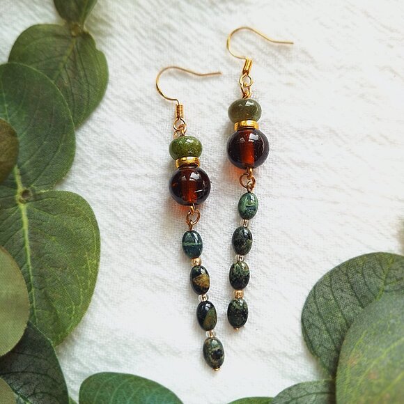 Kambaba Jasper & Tourmaline Earrings – Boho Witchy Dangle Earrings, Whimsigoth - Picture 4 of 9